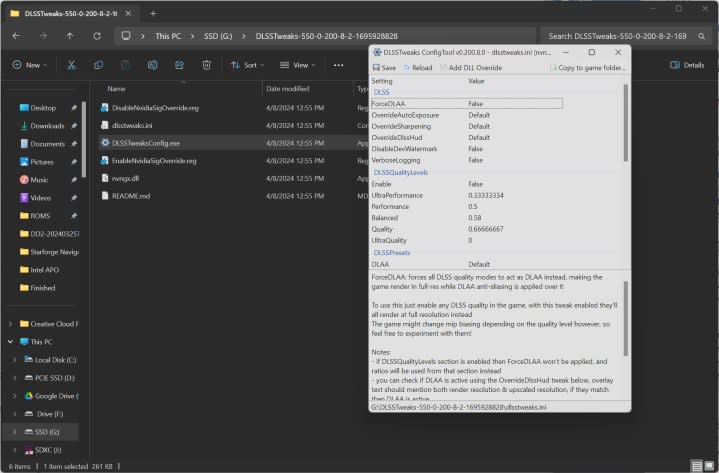 DLSSTweaks running on Windows.