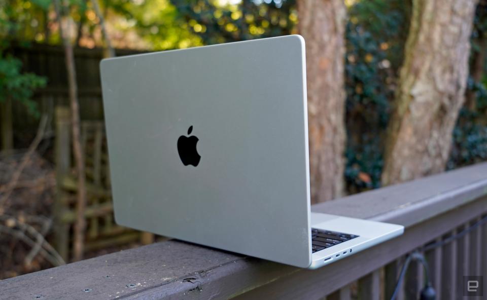 Apple MacBook Pro 14-inch from the rear, showing off the Apple logo.