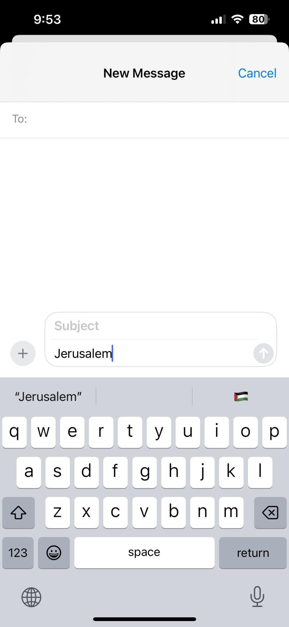 Screenshot of iPhone English (UK) keyboard suggesting Palestinian flag with the word 'Jerusalem.' The company has said it is a bug that will be fixed in the next update.