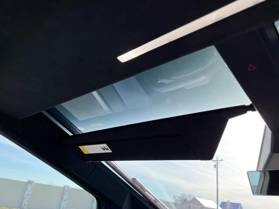 Tesla Cybertruck interior showing windshield and sun visor