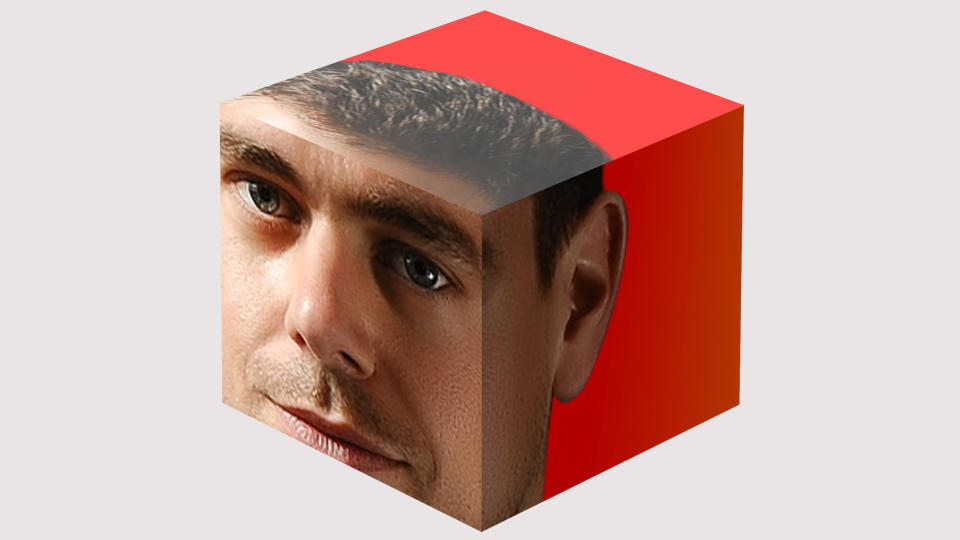Graphic from finance company Block showing Jack Dorsey's face on a cube.